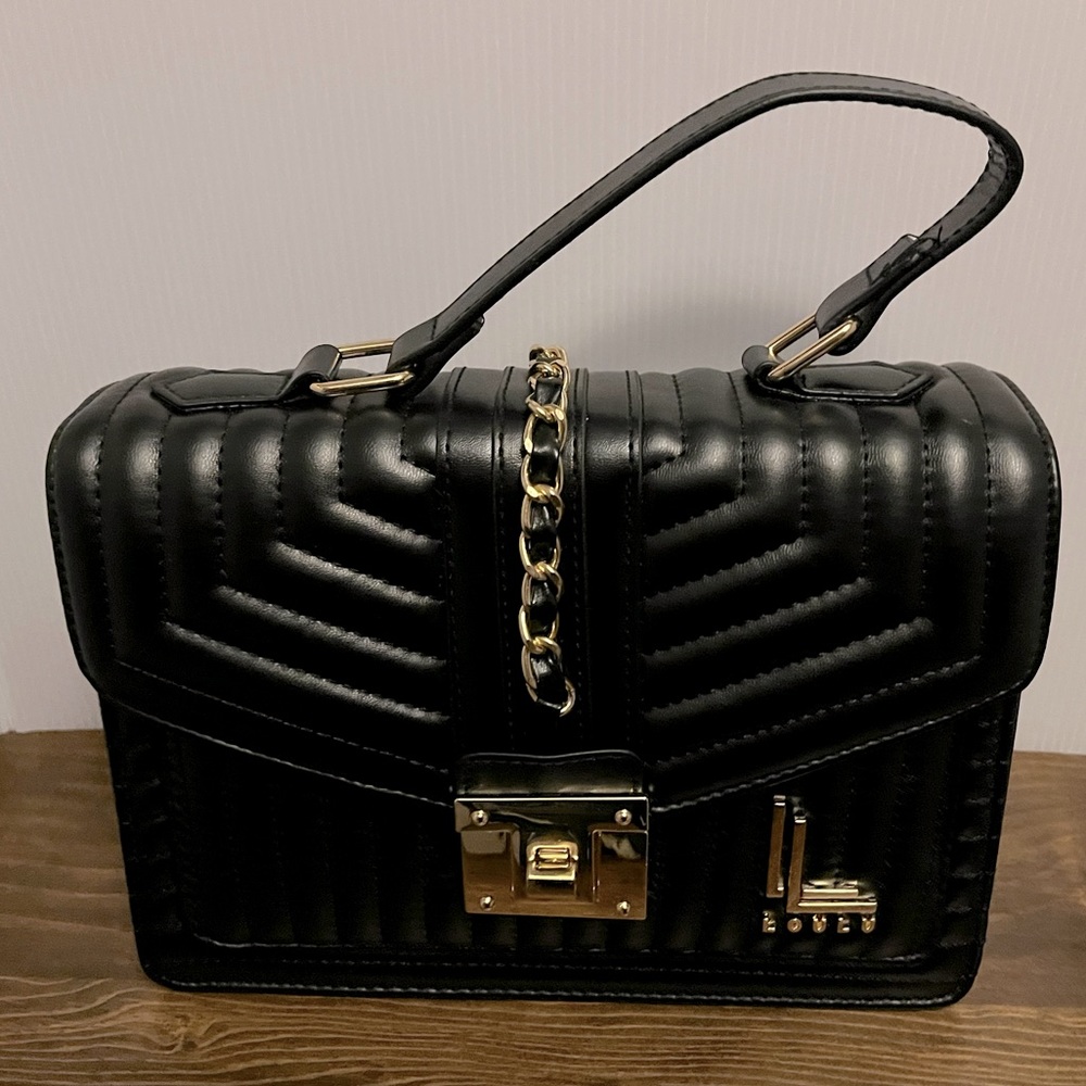 Loulu Black Quilted Crossbody Handled Purse with Gold Hardware.